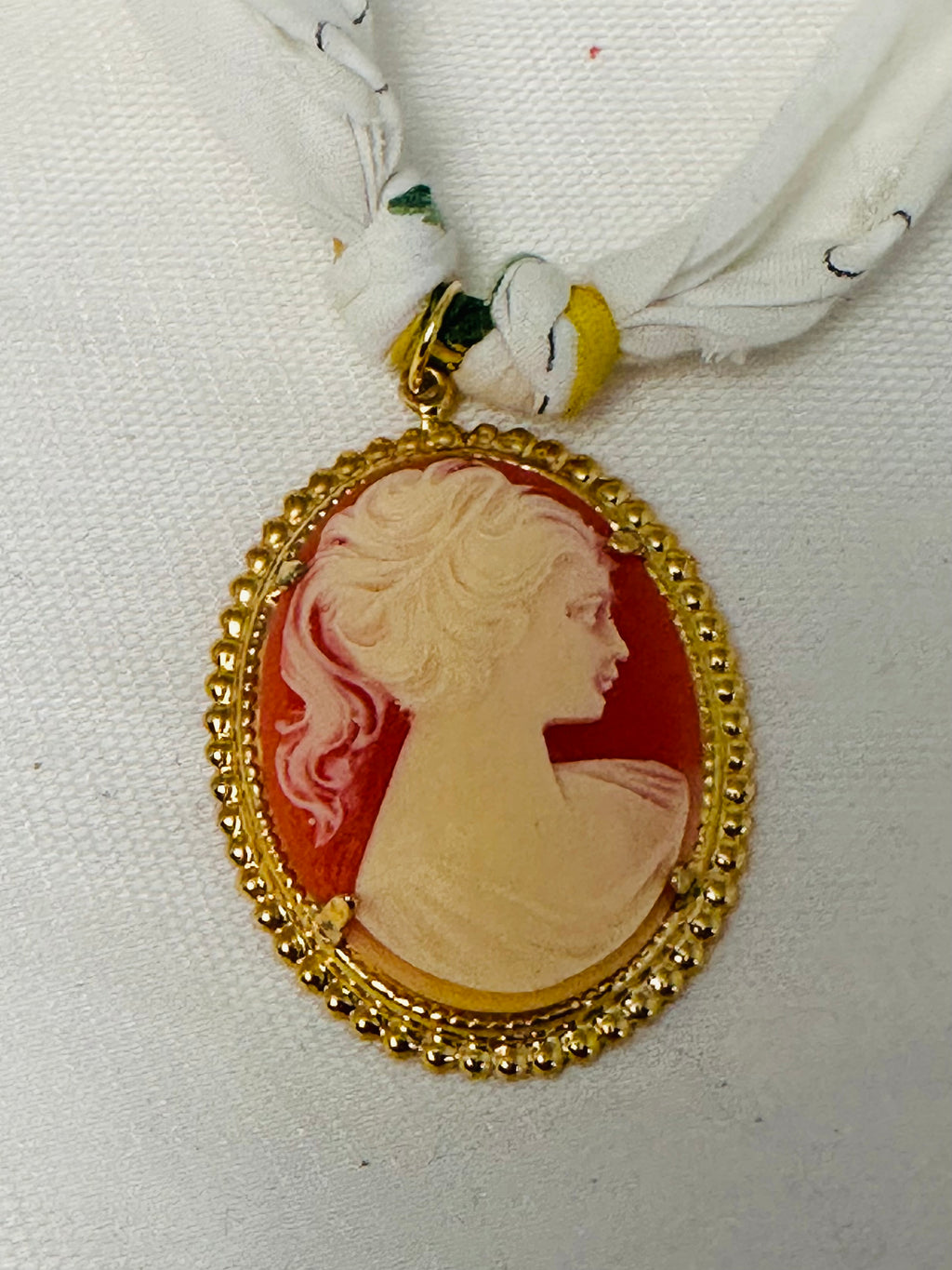 Vintage Hanky and Resin Cameo Pendant Necklace