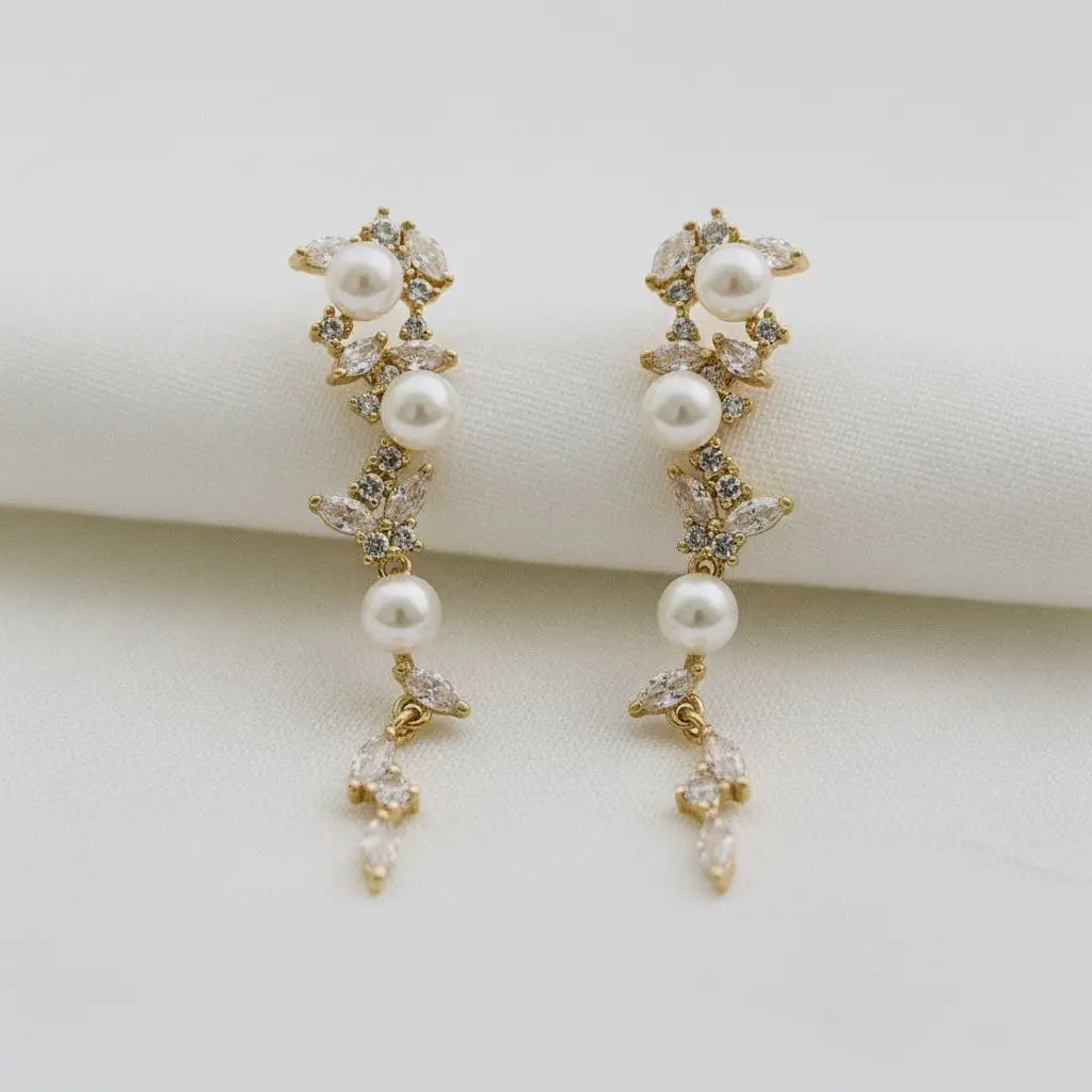 Zircon Leaf Pearl Tassel Dangle Earrings