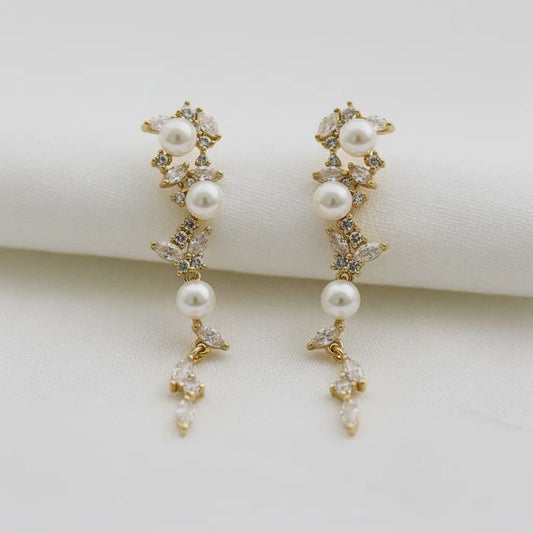 Zircon Leaf Pearl Tassel Dangle Earrings