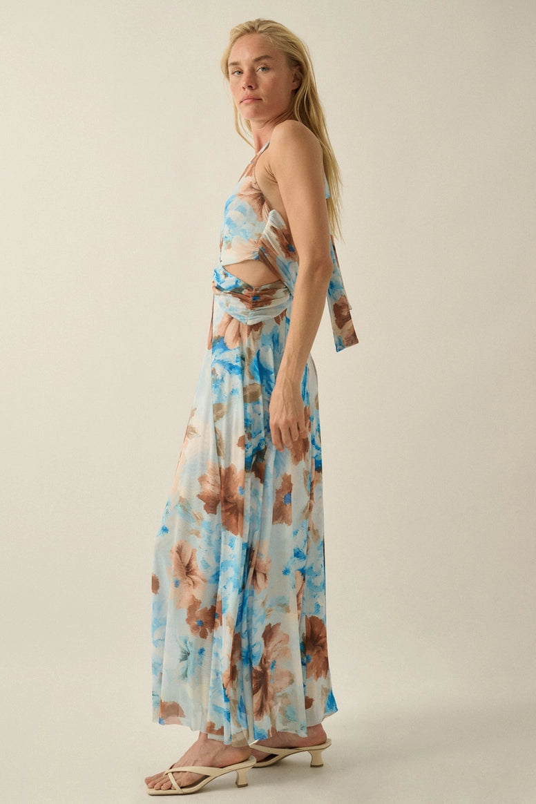 Floral-Print Mesh Halter-Neck Cutout Maxi Dress