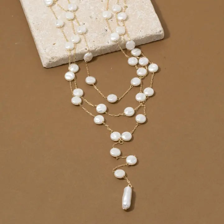 Triple Layer Coin Pearl Lariat Necklace