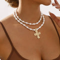 Lustrous Pearl Beaded Layered Cross Necklace
