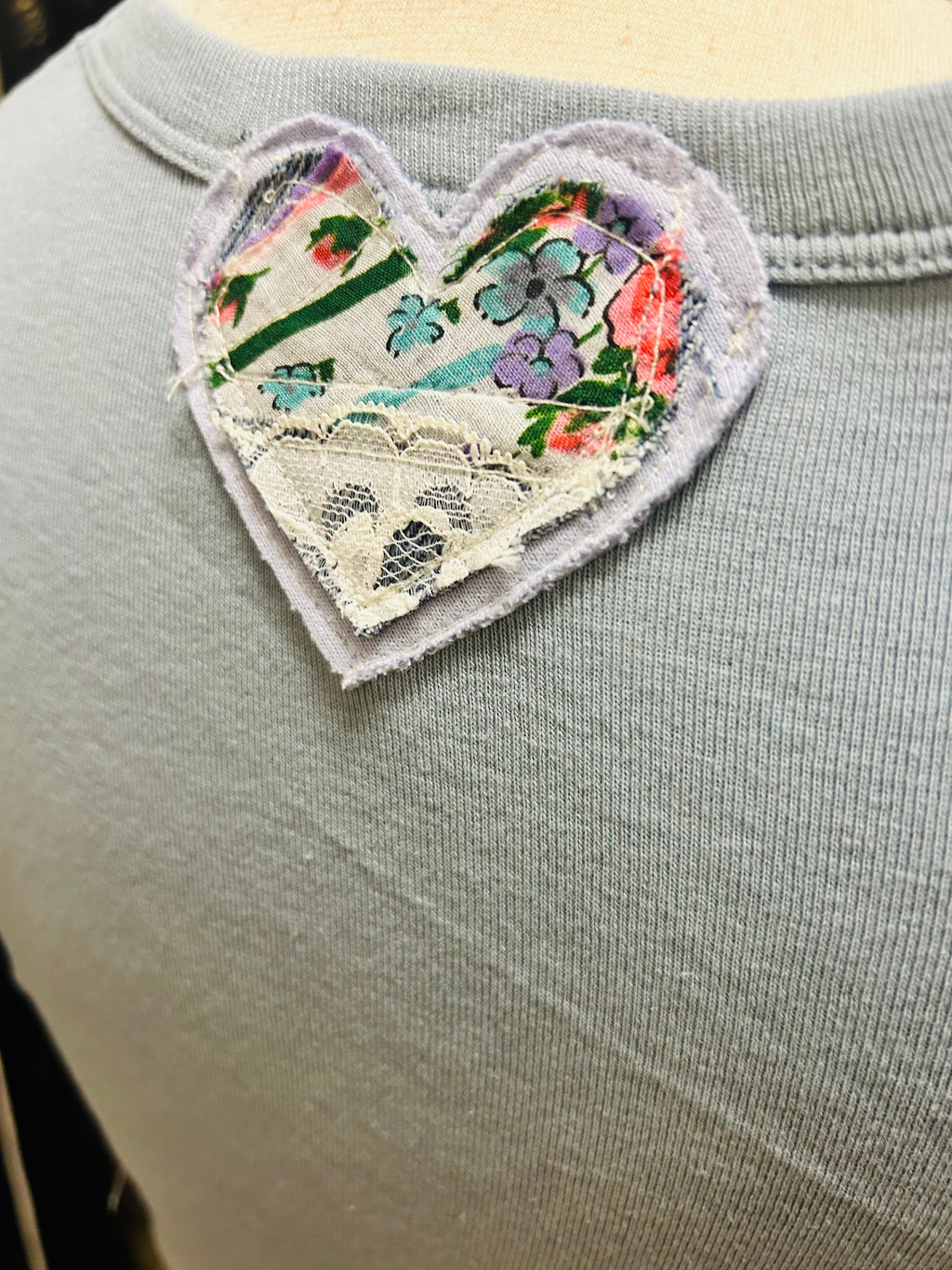 OOAK Bandana Denim & Stripe Heart Patch Crop Tee