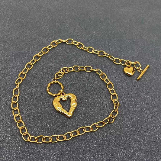 Double Heart Charm18K Gold Plated Ss Ot Buckle Necklace
