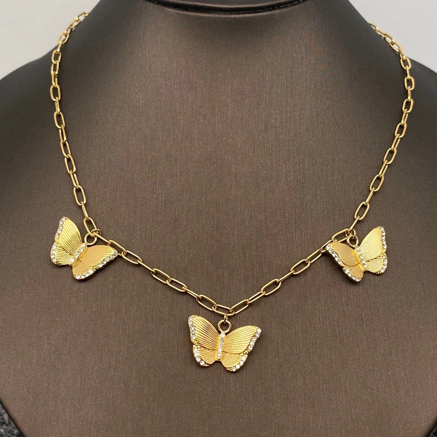 3 Butterfly Charm Inlaid Cz 18K Gold Plated Ss Necklace