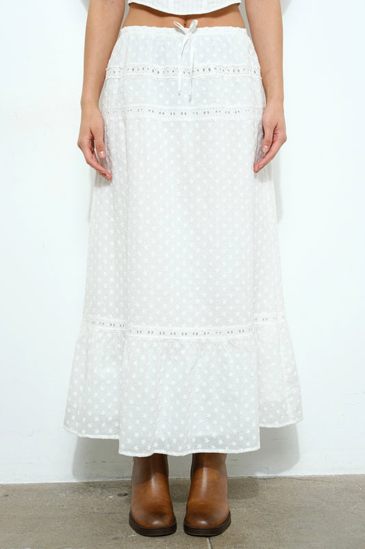 Lace Trim Eyelet Tiered Maxi Skirt