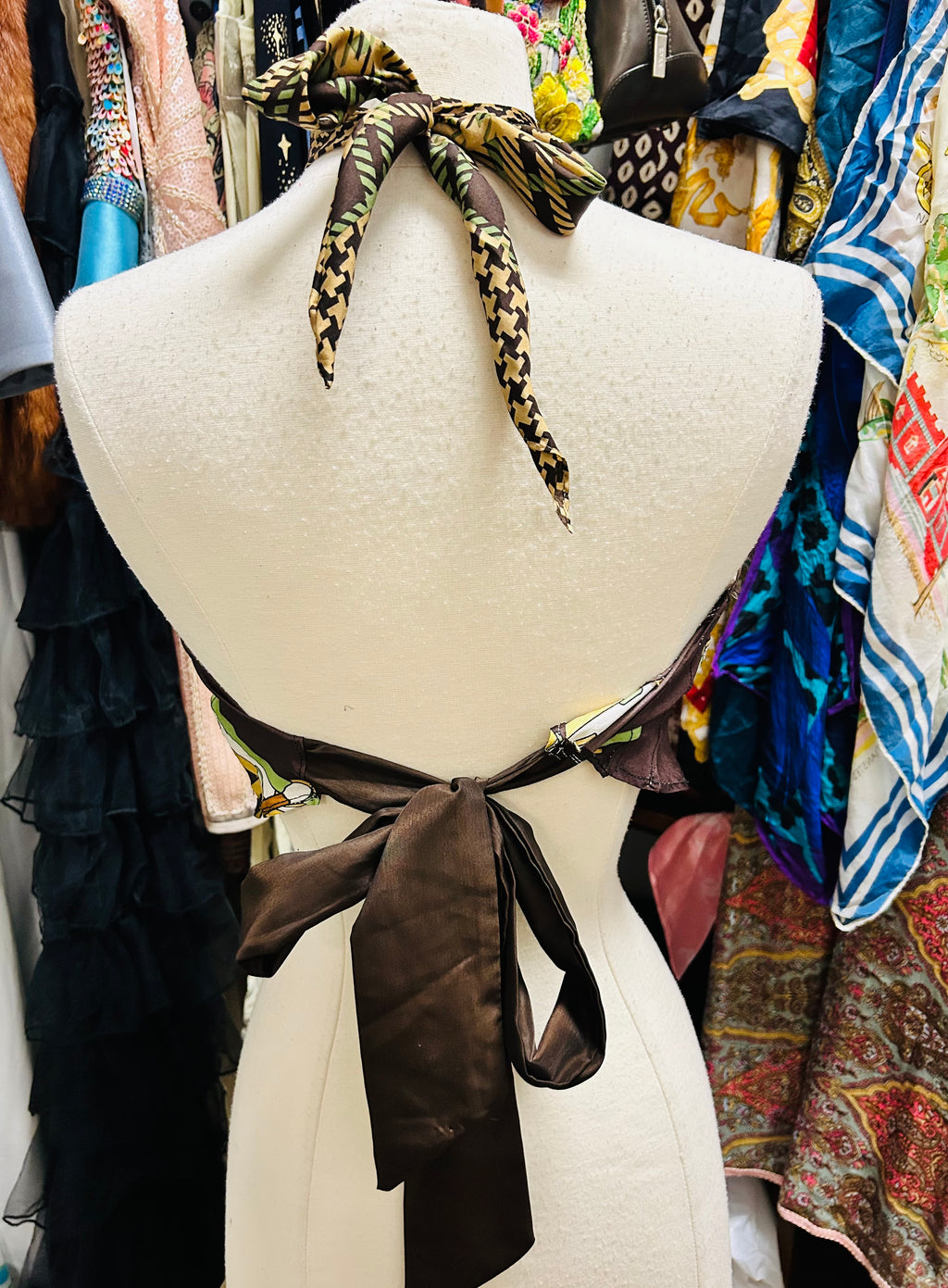 OOAK Silk Printed Scarf Top with Contrast Tie