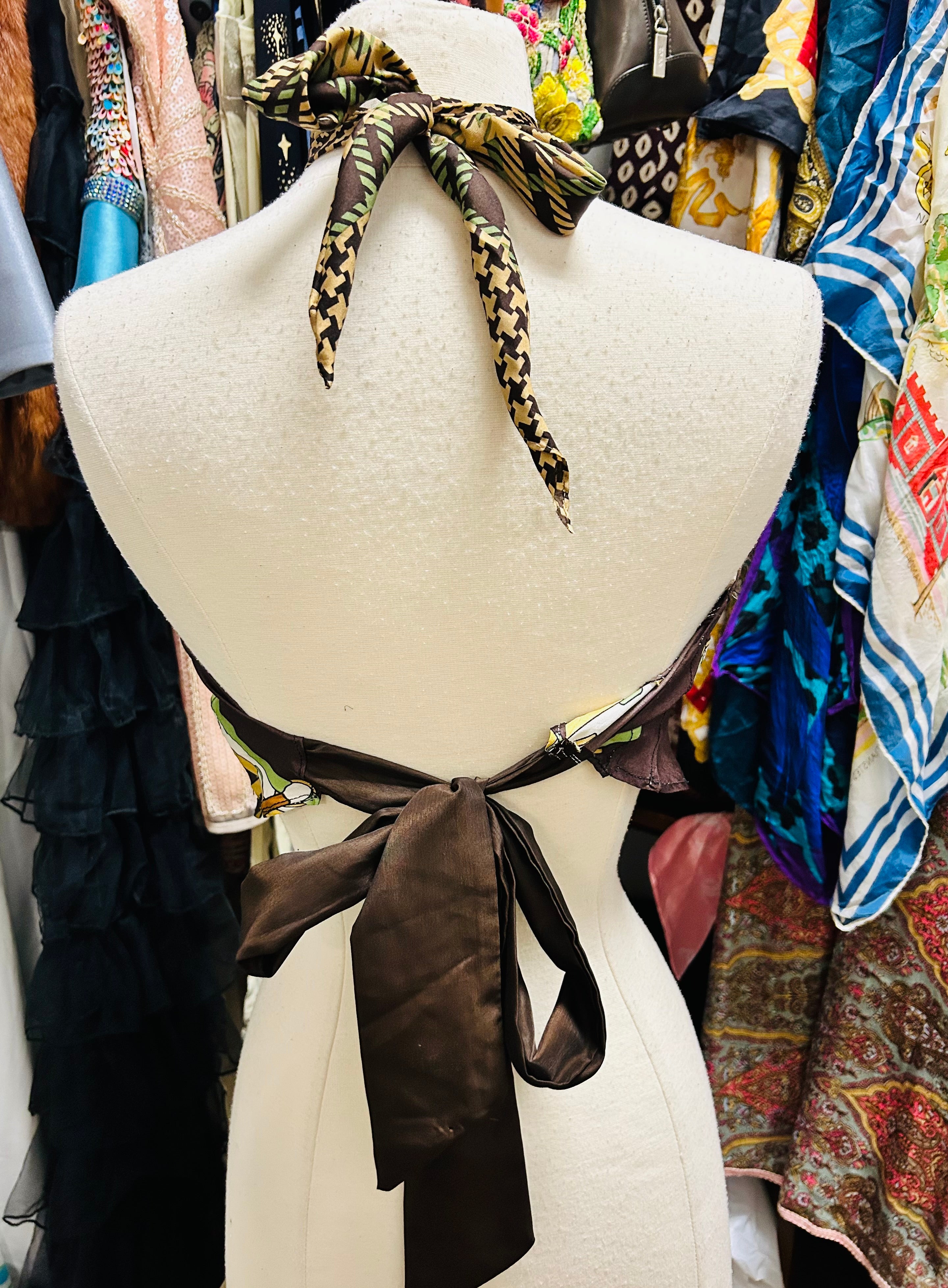 OOAK Silk Printed Scarf Top with Contrast Tie