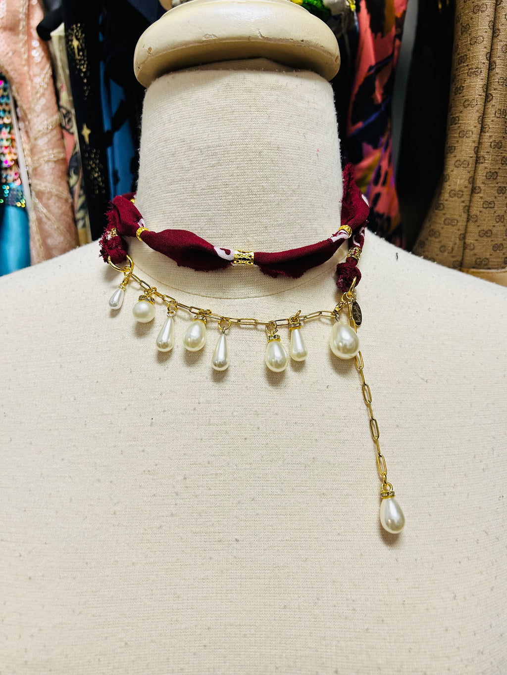 Handmade Bandana & Pearl Drop Necklace or Belt