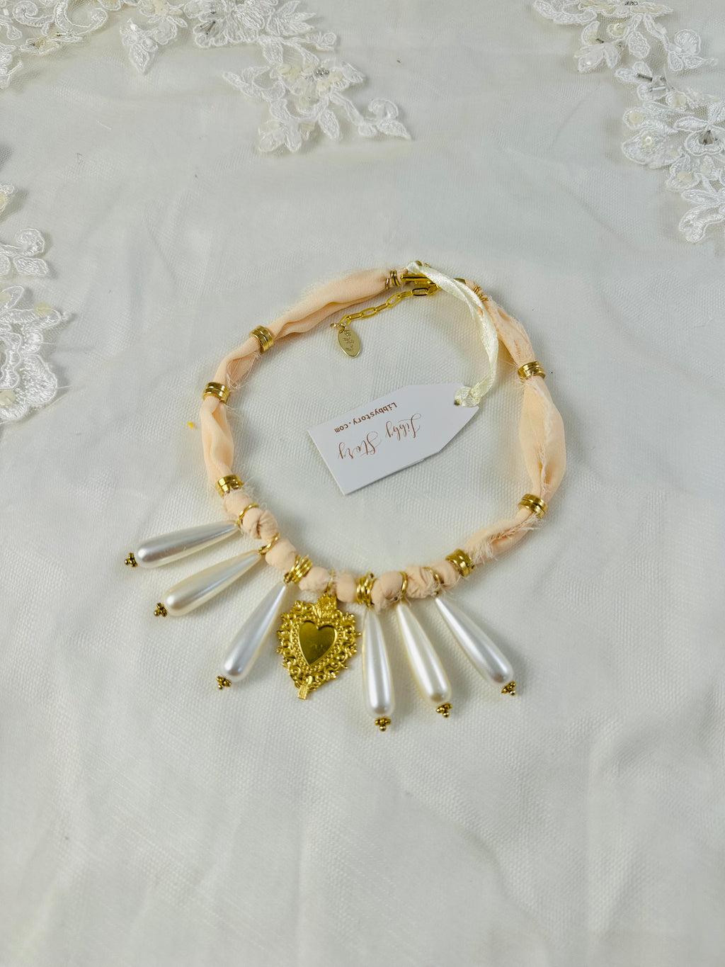 Heart $ Pearl Dangle Chiffon Fabric Necklace