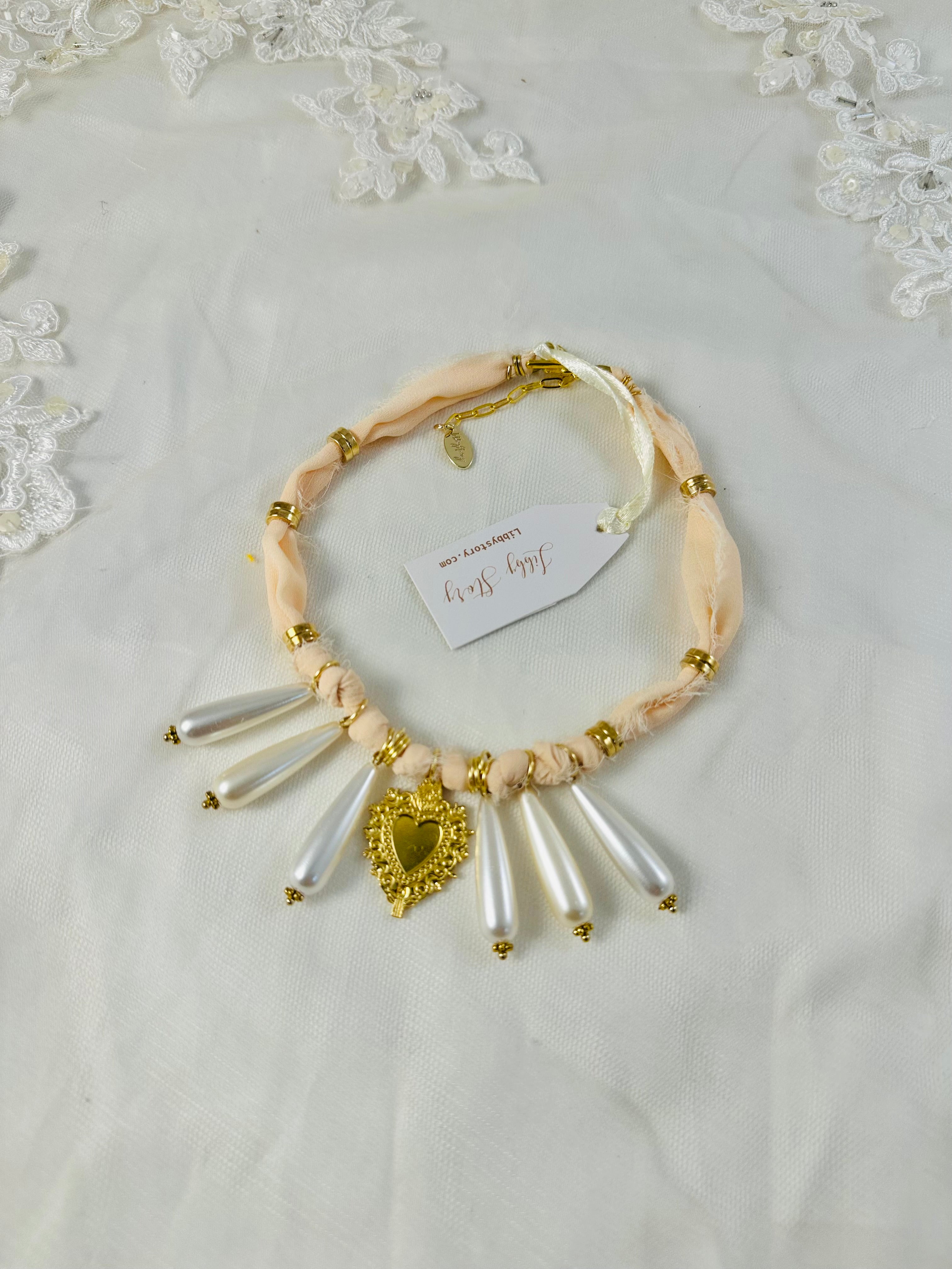 Heart $ Pearl Dangle Chiffon Fabric Necklace