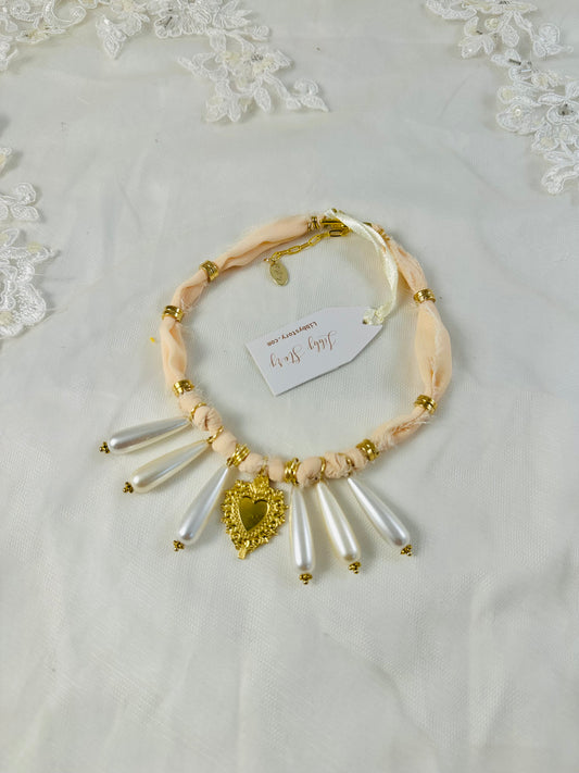 Heart $ Pearl Dangle Chiffon Fabric Necklace