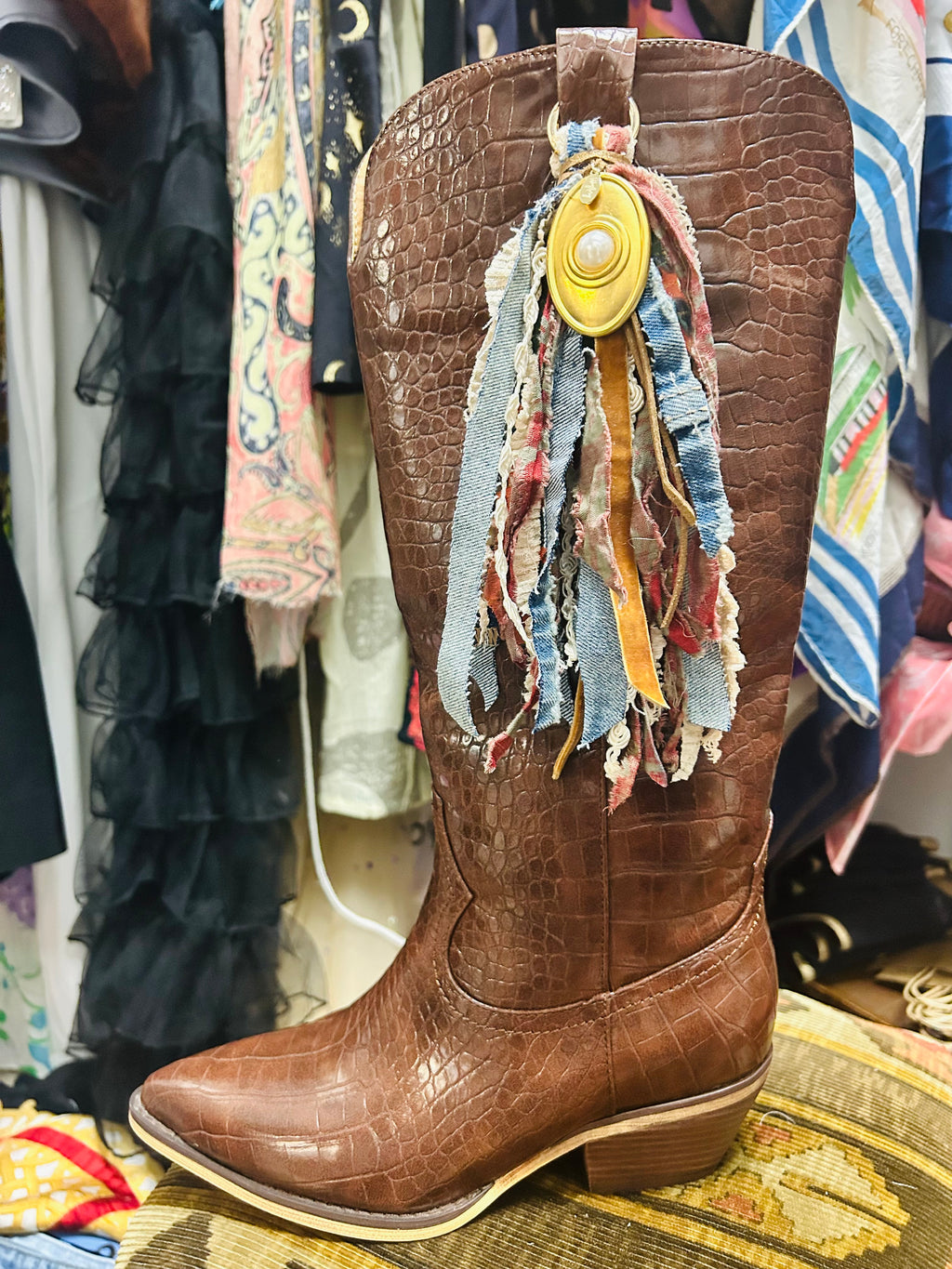 OOAK Brass Pearl & Denim Bag/Boot Charm