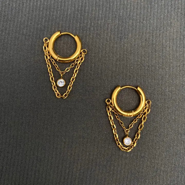 Zircon Inlaid Chain Fringe 18K Golden Ss Huggie Earrings