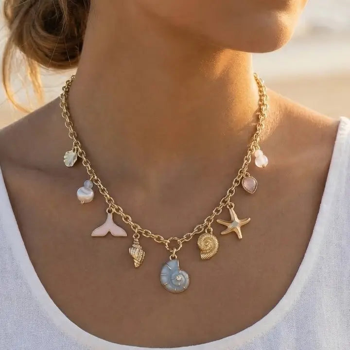 Mixed Sea Life and Pearl Charms Chain Necklace