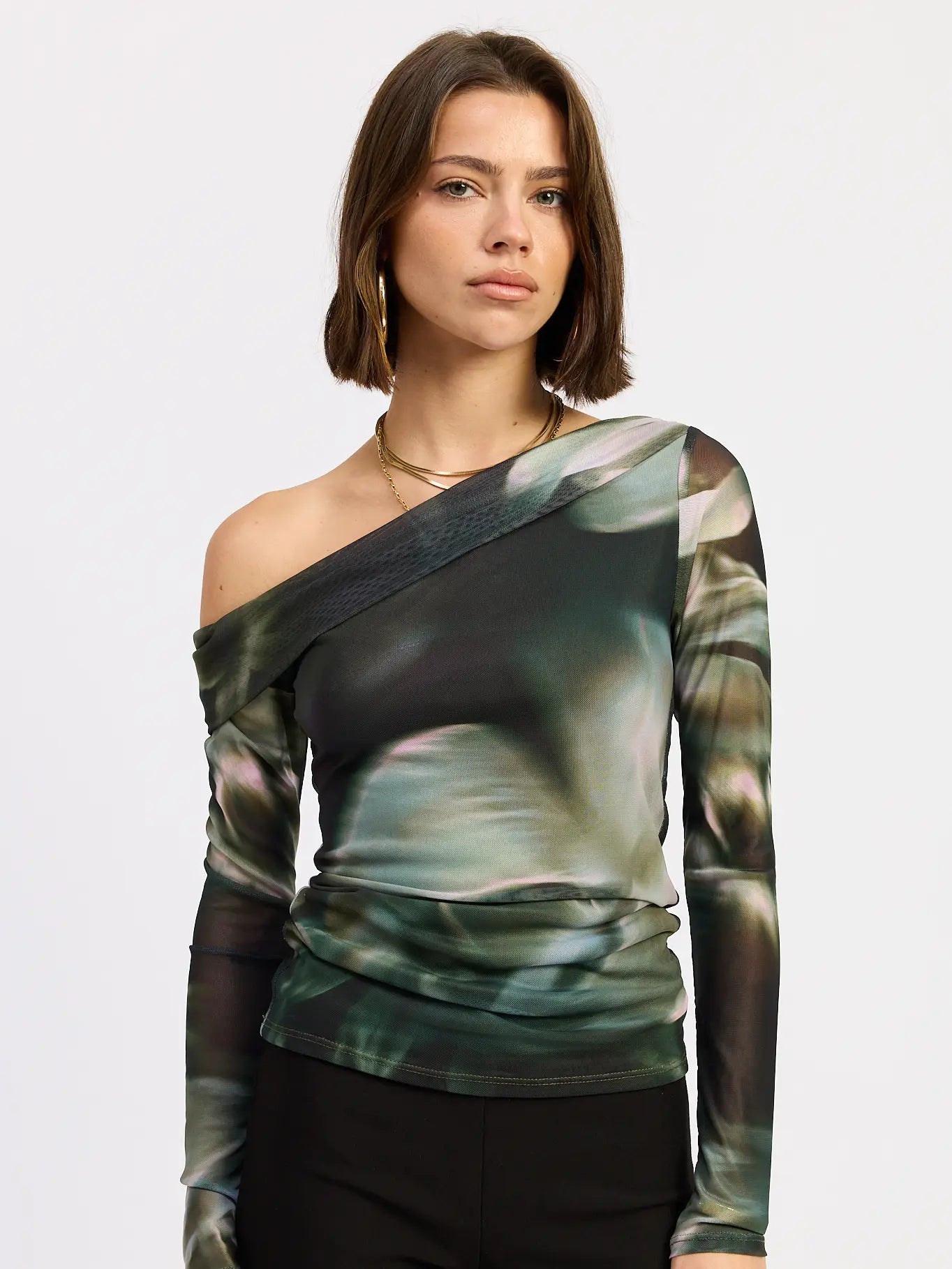 Asymmetrical Off Shoulder Mesh Top