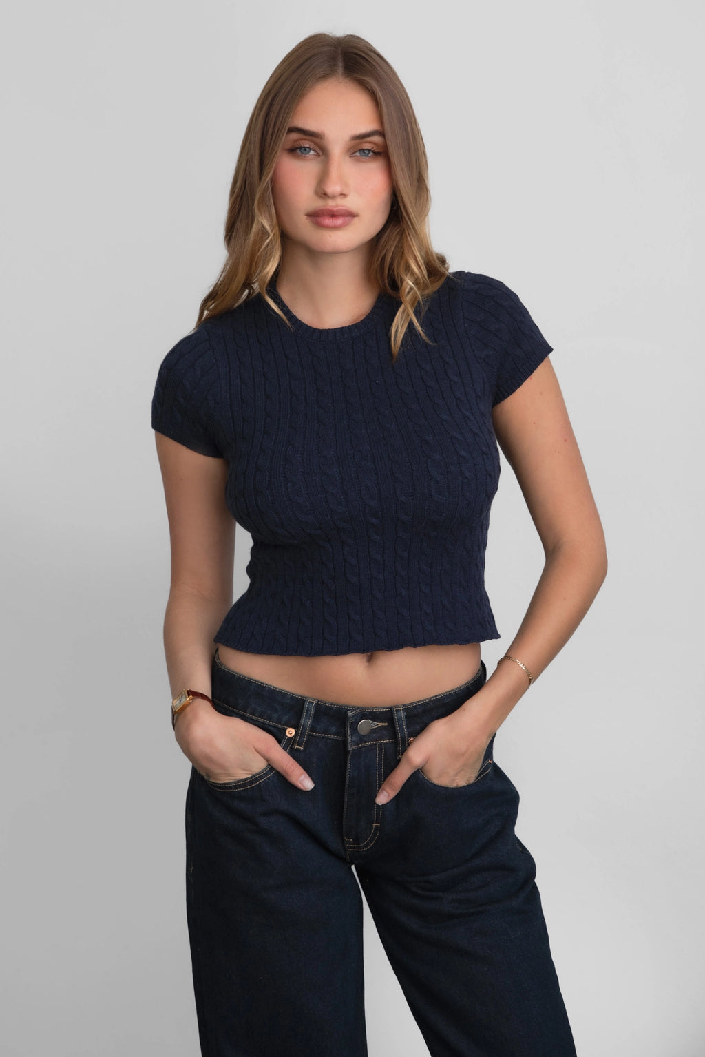 Laureni Preppy Cable Knit Short Sleeve Top Sweater