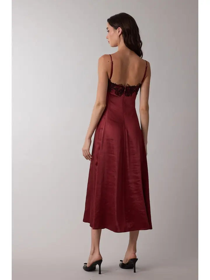 STM SATIN MIDI DRESS WITH LACE TRIM