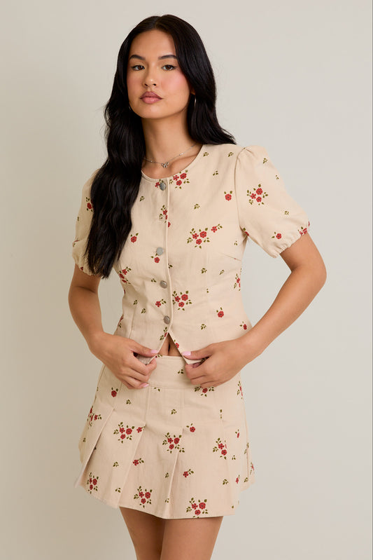 Puff Short Sleeve Round Neck Floral Printed Twill Top