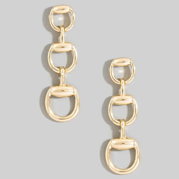 Gold Triple Horsebit Drop Earrings