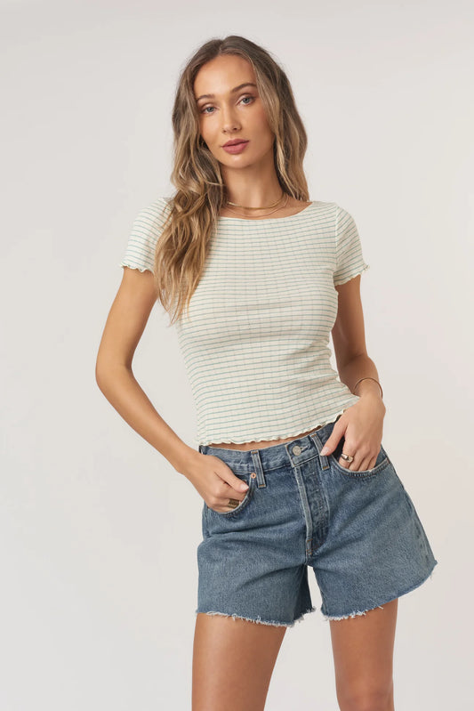 Project Social T Camille Striped Pointelle Boat Neck Tee