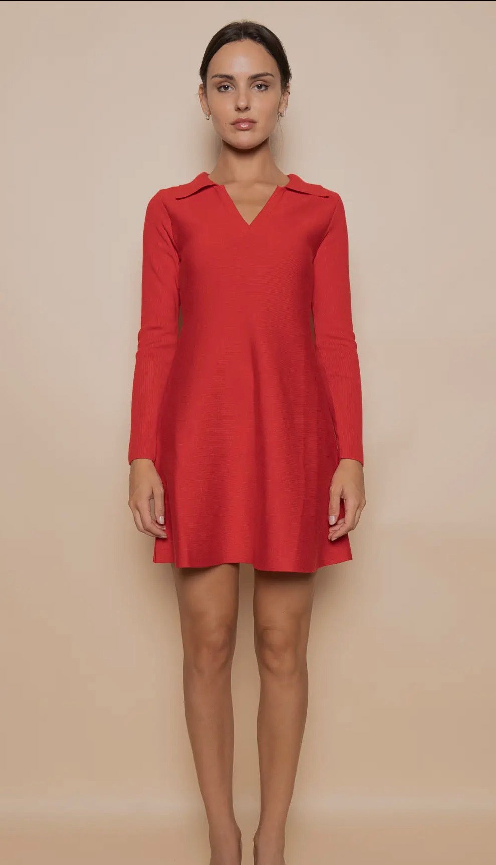 VNECK LONG SLEEVE COLLARED SWEATER DRESS