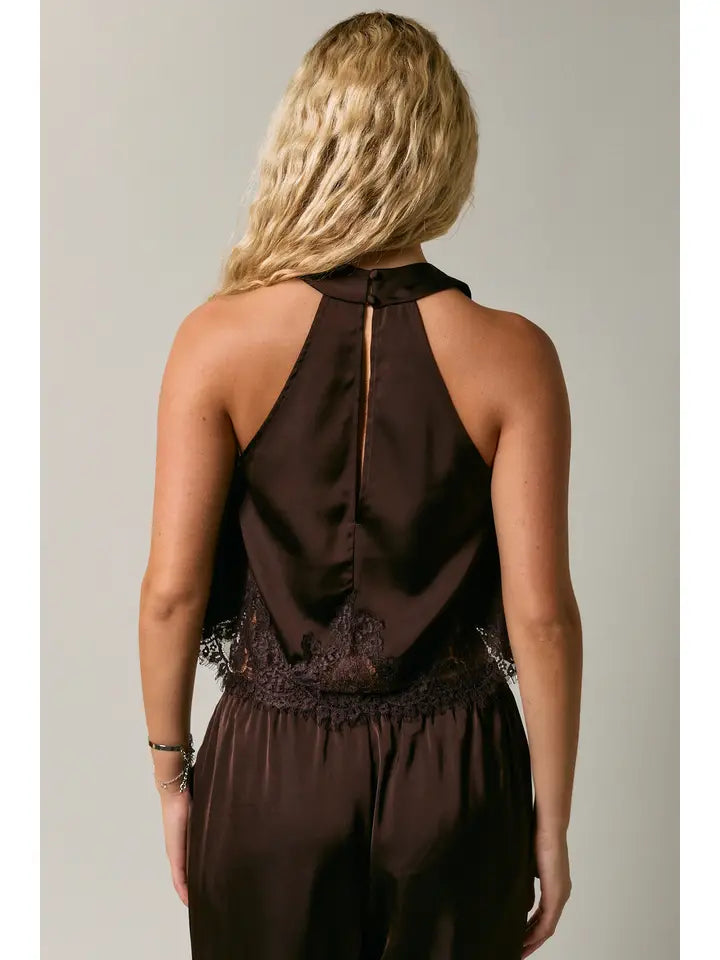 Halter Neck Lace Trim Detail Sleeveless Top