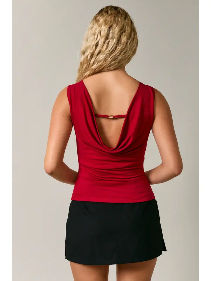 Sleeveless High Neck Cowl Back Detail Knit Top