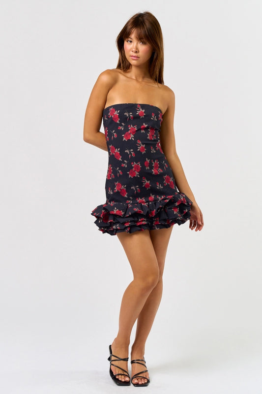 Rose Printed Tube Mini Dress with Ruffled Hem