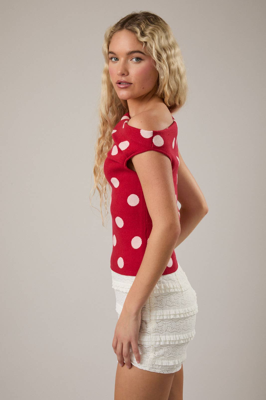 POLKA DOT DETAIL ASYMMETRICAL NECK SWEATER TOP