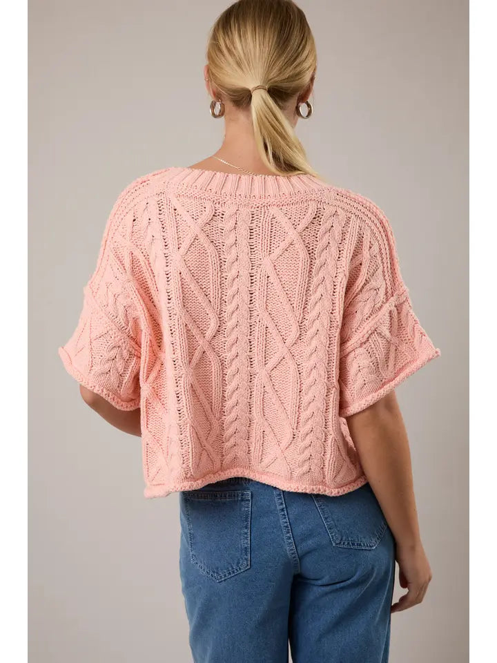 ROUND NECK SHORT SLEEVE KNIT SWEATER TOP