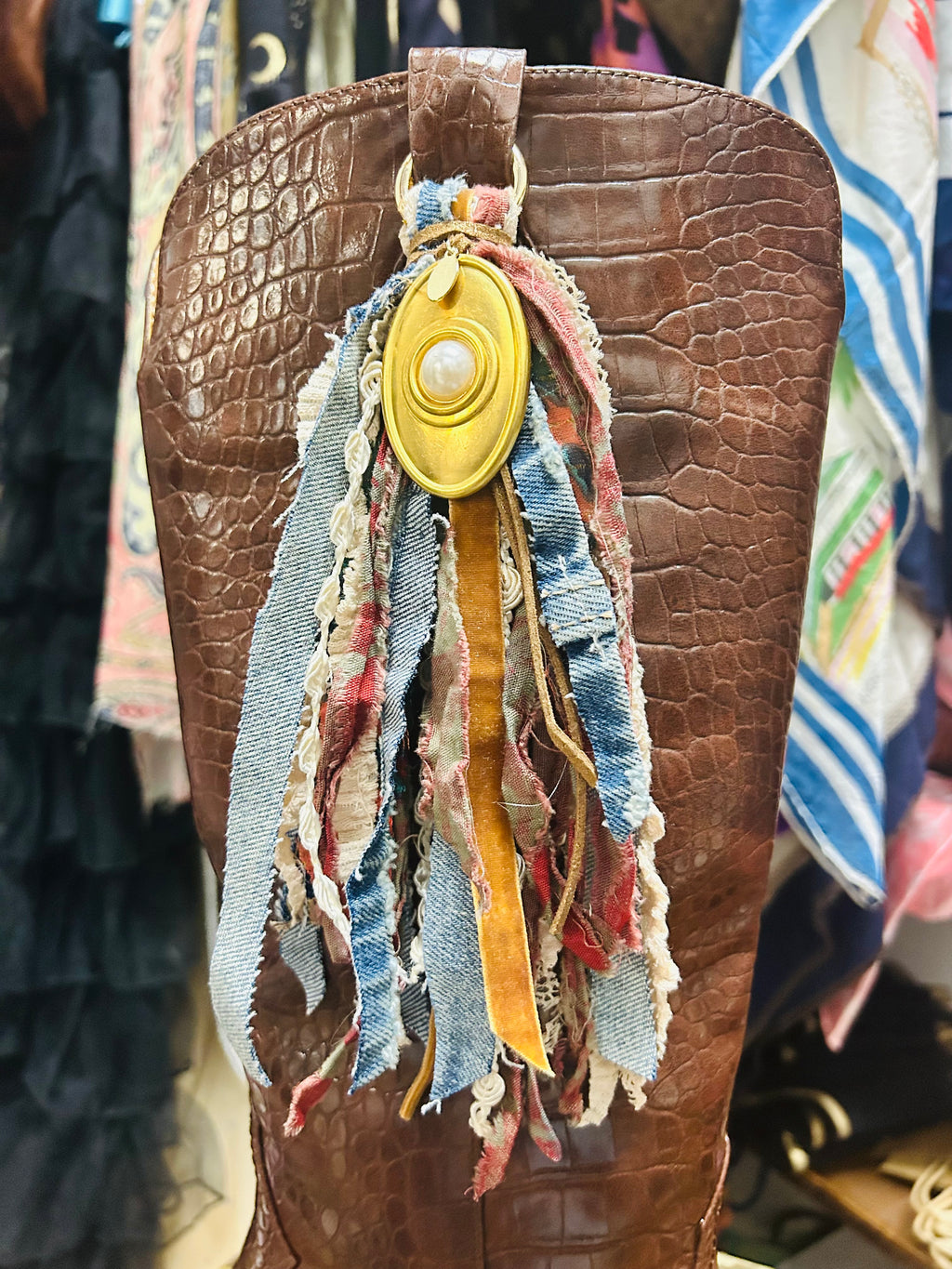 OOAK Brass Pearl & Denim Bag/Boot Charm