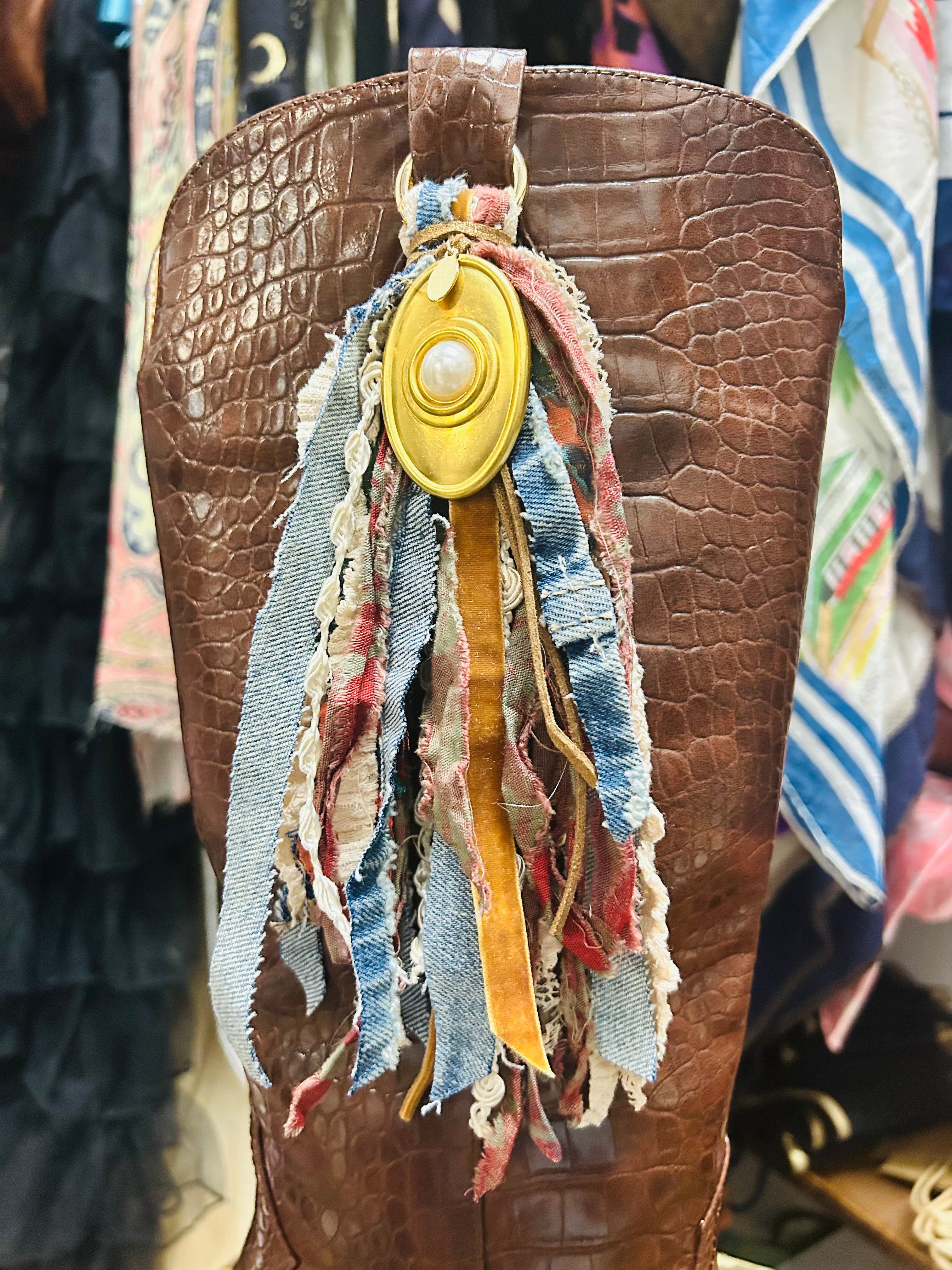 OOAK Brass Pearl & Denim Bag/Boot Charm