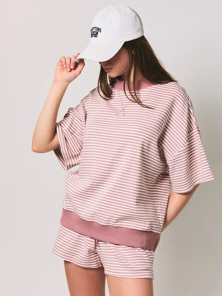 Mock Neck Short Sleeve Stripe Top