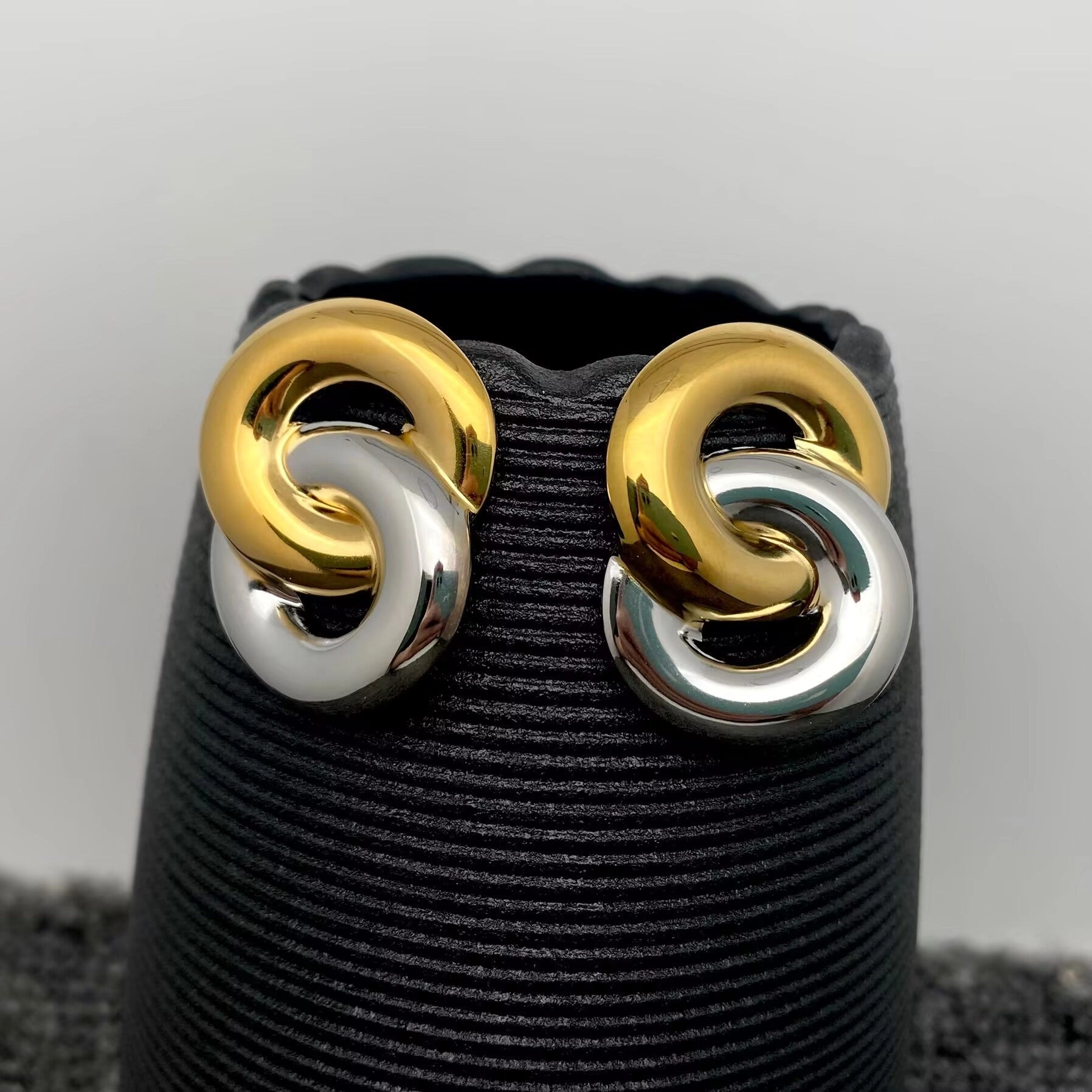 Two Tone Double Ring 18 Gold Plated Ss Post Earrings