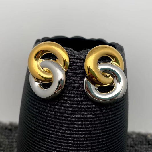 Two Tone Double Ring 18 Gold Plated Ss Post Earrings