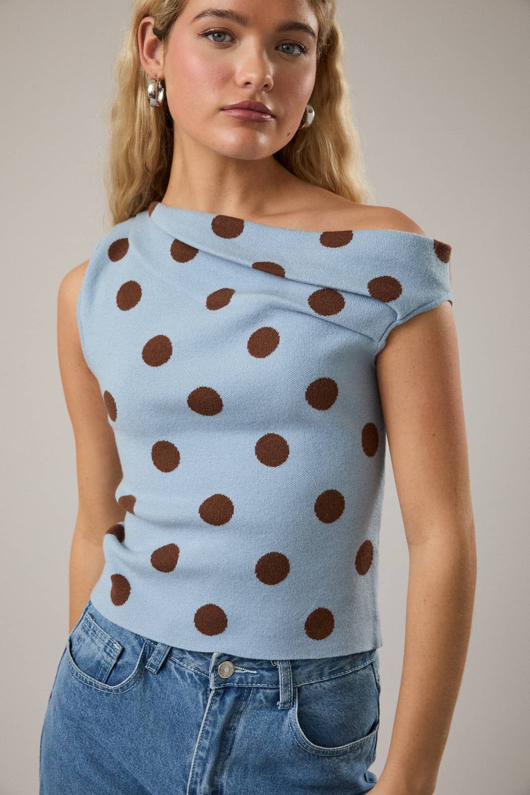 POLKA DOT DETAIL ASYMMETRICAL NECK SWEATER TOP