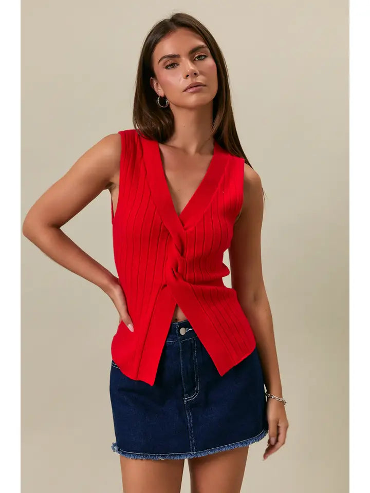 Twisted Front V-Neck Sleeveless Sweater Top