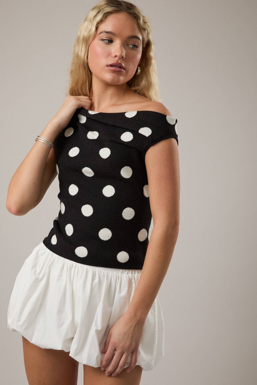 POLKA DOT DETAIL ASYMMETRICAL NECK SWEATER TOP