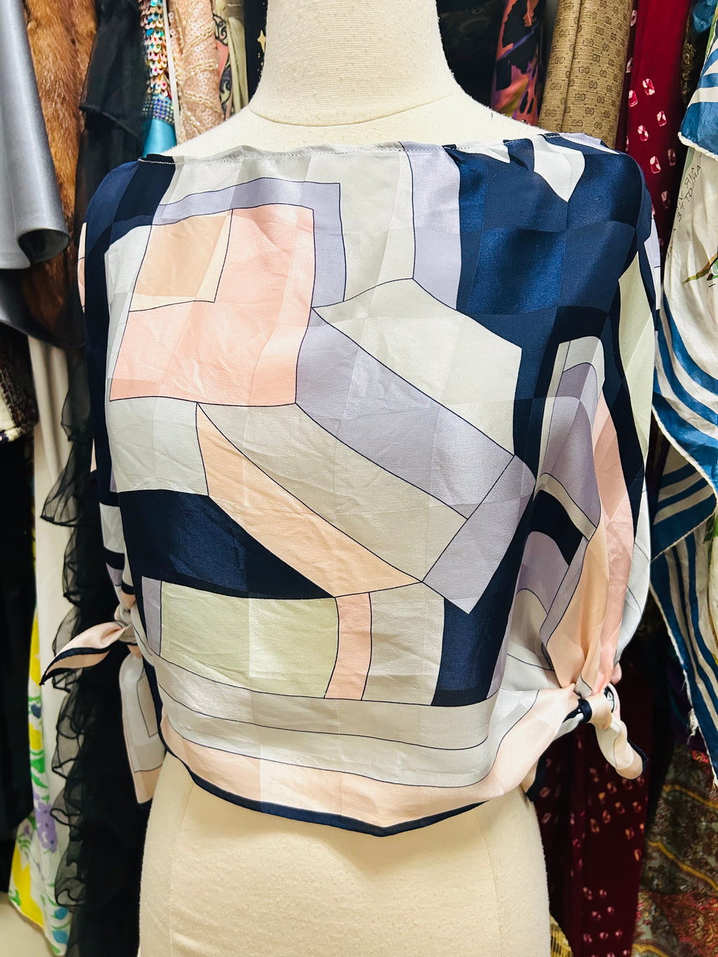 OOAK Vintage Geo Silk Scarf Poncho or Top