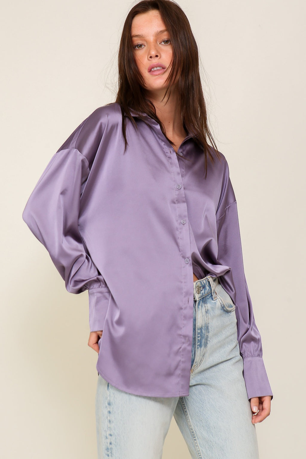 Enya Button Down Satin Oversized Top