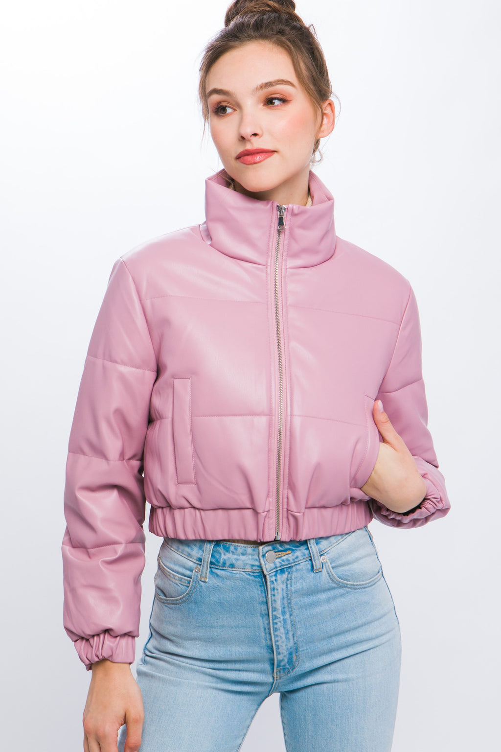 Bubble Gum Cropped PU High Neck Jacket