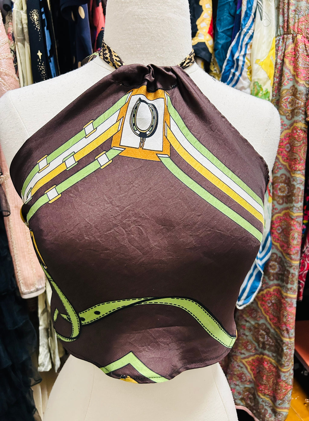 OOAK Silk Printed Scarf Top with Contrast Tie
