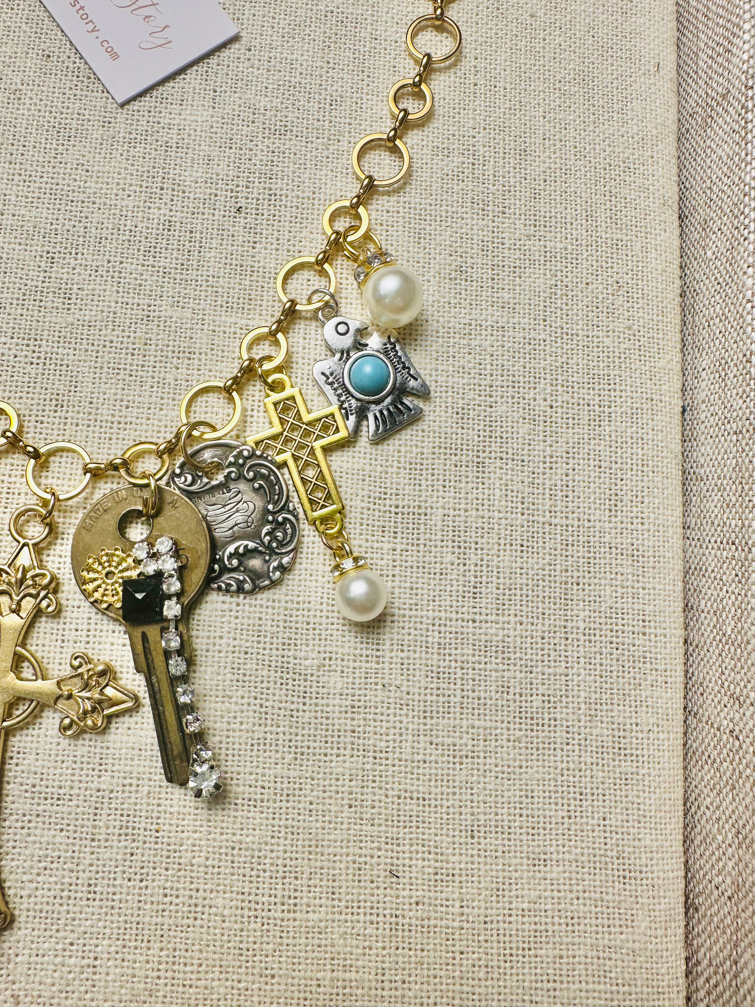 OOAK Cross & Key Charm Necklace