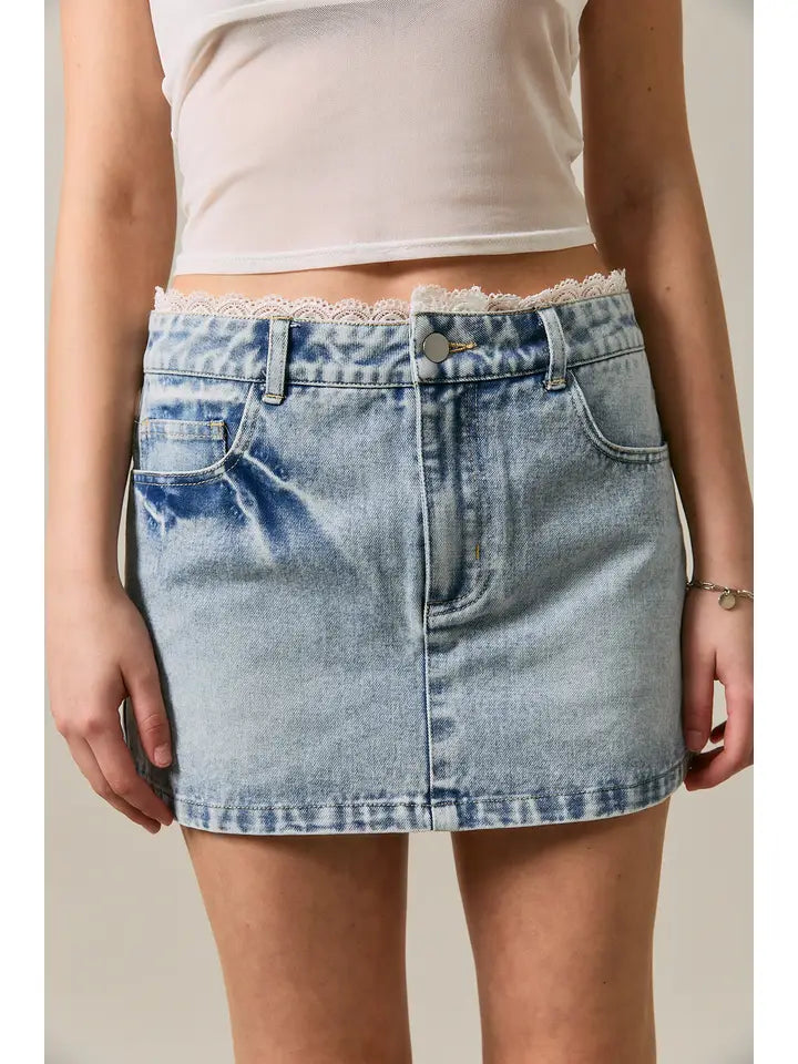 Mid Waist Denim Skirt with Lace Trim Detail
