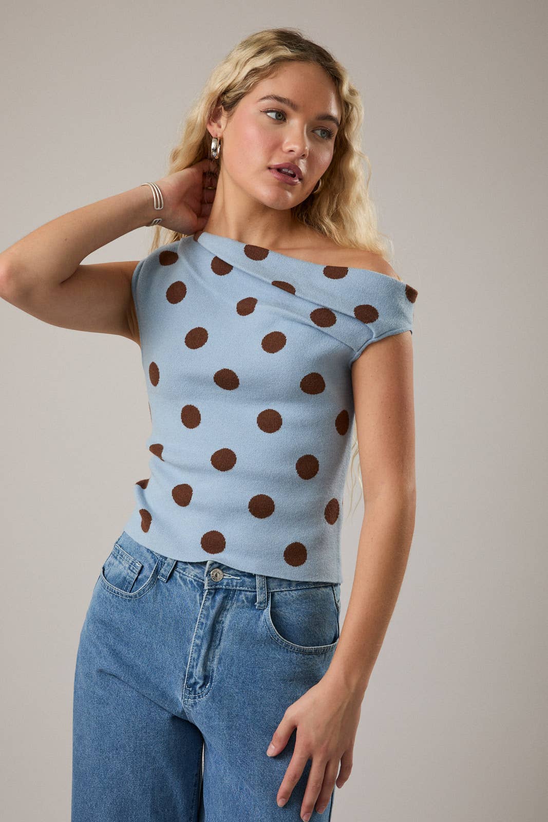 POLKA DOT DETAIL ASYMMETRICAL NECK SWEATER TOP