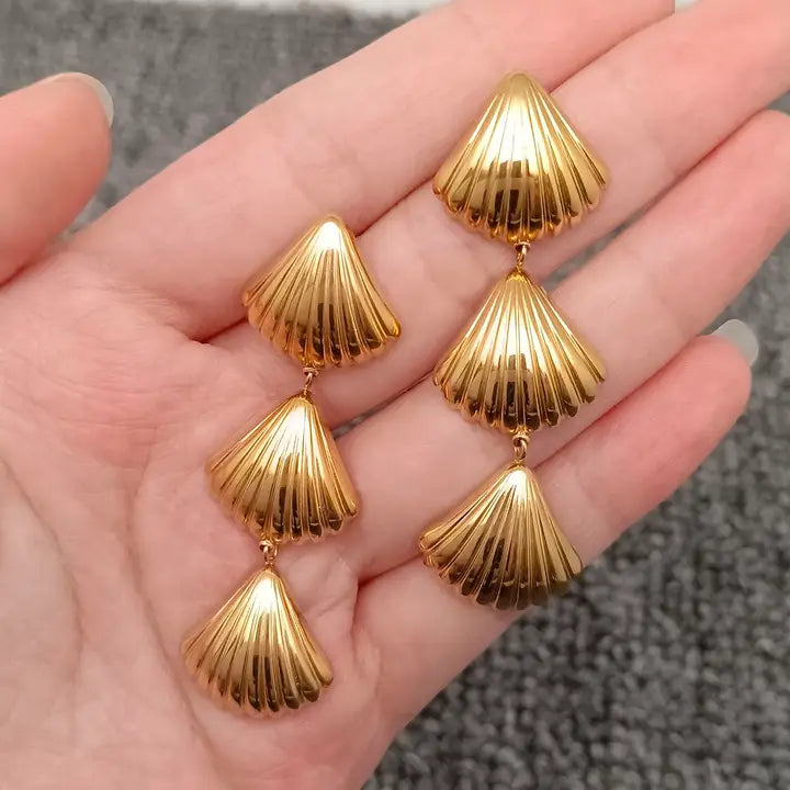 Triple Scallops 18K Gold Plated Ss Dangle Earrings
