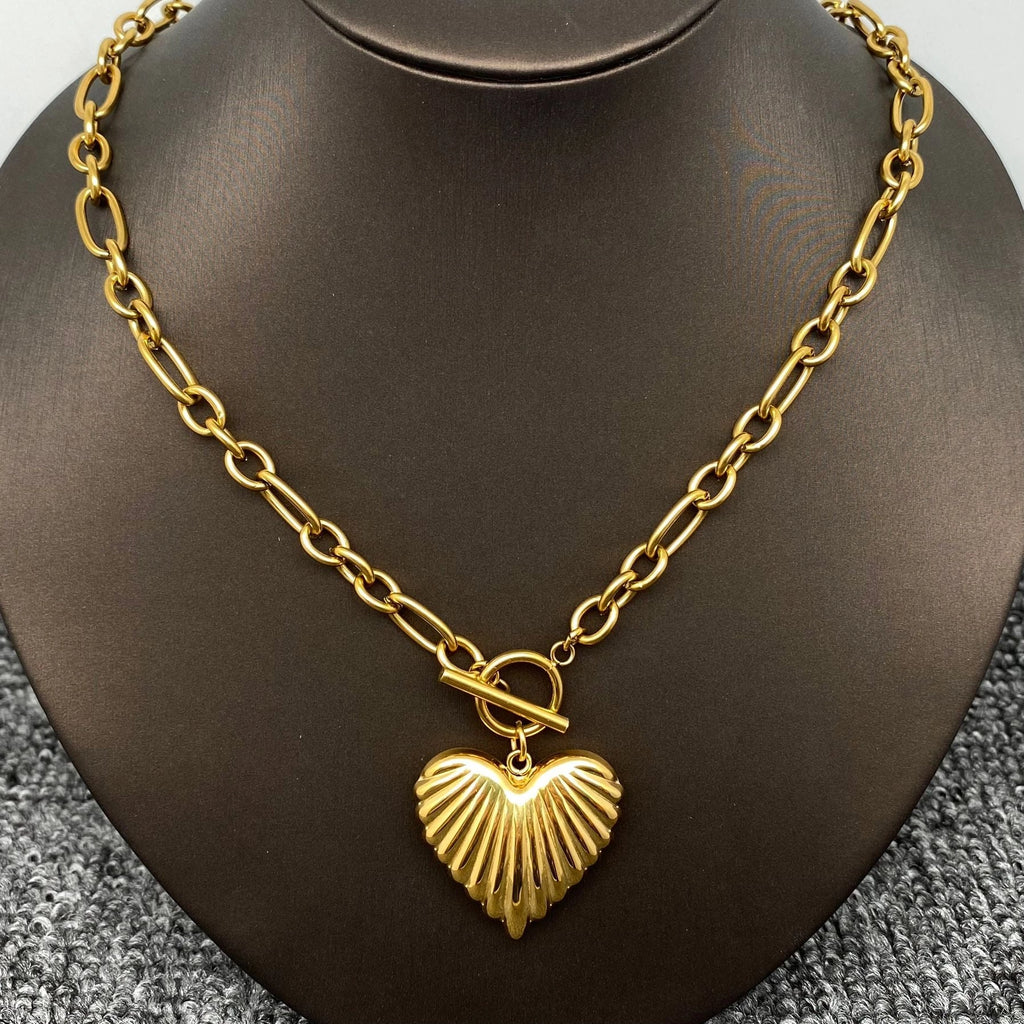 18K Golden Ss Heart Charm Ot Buckle Chain Necklace