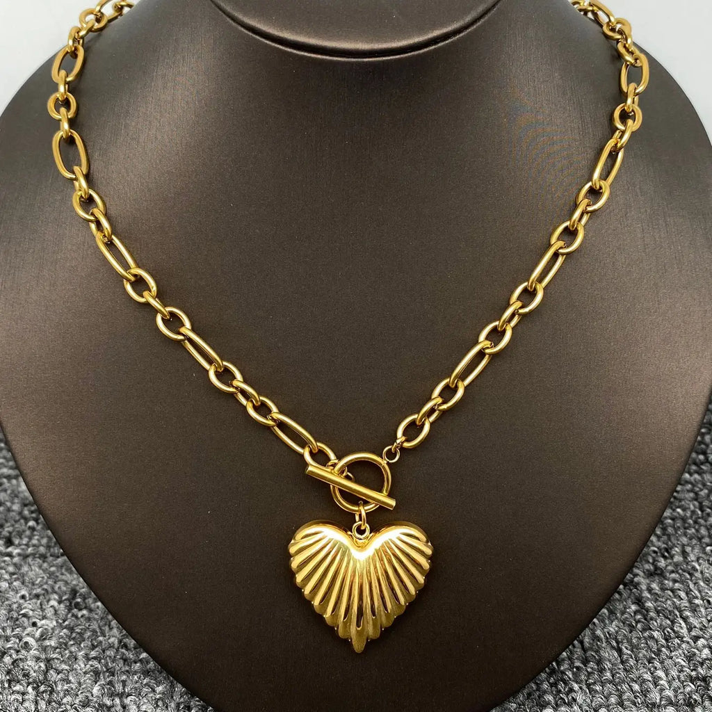 18K Golden Ss Heart Charm Ot Buckle Chain Necklace