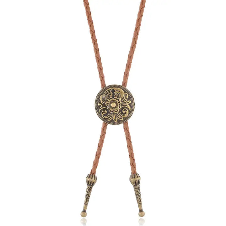 Western Floral Engraved Bolo Tie Necklace